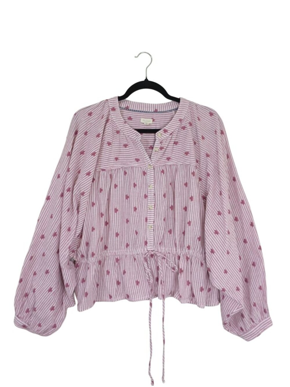 Pilcro Pink Striped & Embroidered Cotton Button-Down Peasant Blouse XL - Picture 2 of 10